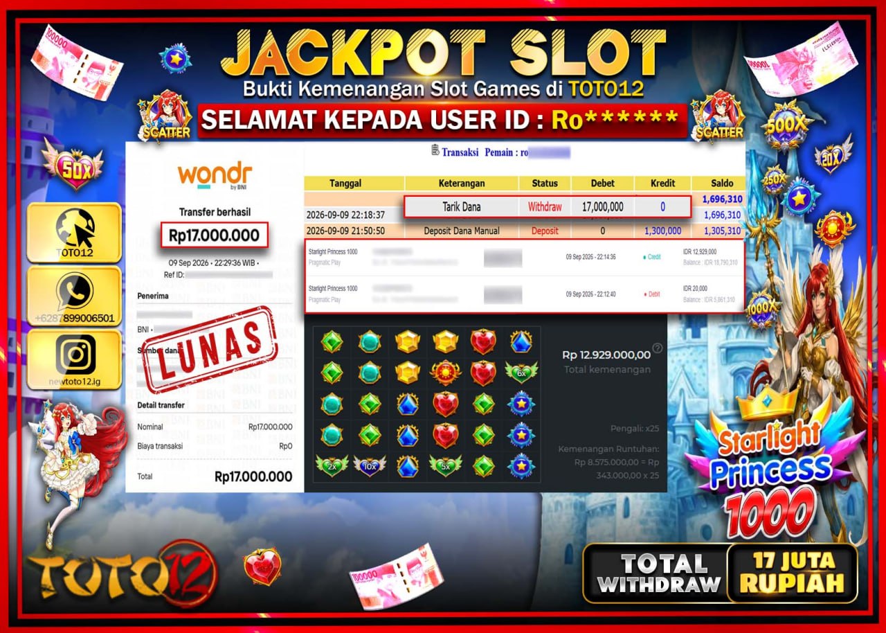 HANYA DI TOTO12 JP PASTI DI BAYAR LUNAS DAN CEPAT!!!!!! JACKPOT SLOT GAME (STARLIGHT PRINCESS 1000) Rp17.000.000!!!!