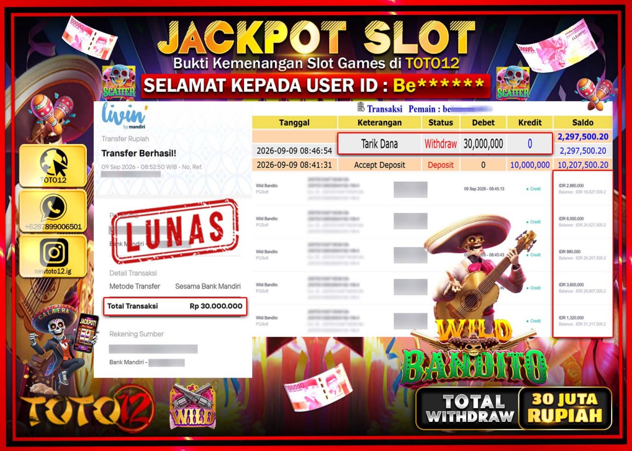 HANYA DI TOTO12 JP PASTI DI BAYAR LUNAS DAN CEPAT!!!!!! JACKPOT SLOT GAME (WILD BANDITO) Rp30.000.000!!!!