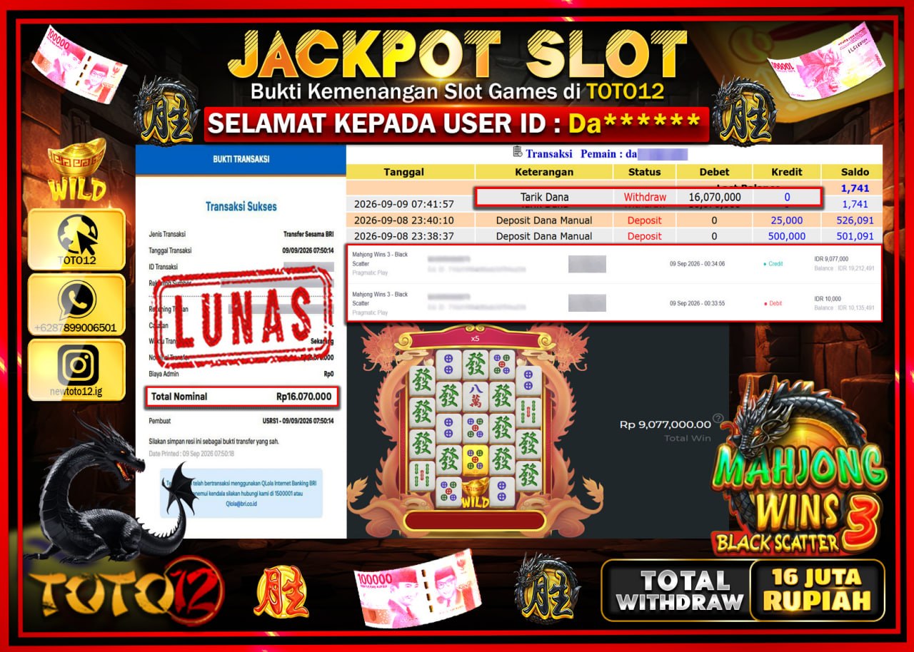 HANYA DI TOTO12 JP PASTI DI BAYAR LUNAS DAN CEPAT!!!!!! JACKPOT SLOT GAME (MAHJONG WINS 3 BLACK SCATTER) Rp16.070.000!!!!