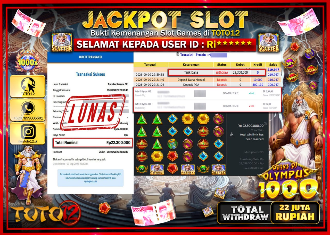 HANYA DI TOTO12 JP PASTI DI BAYAR LUNAS DAN CEPAT!!!!!! JACKPOT SLOT GAME (GATES OF OLYMPUS 1000) Rp22.300.000!!!!