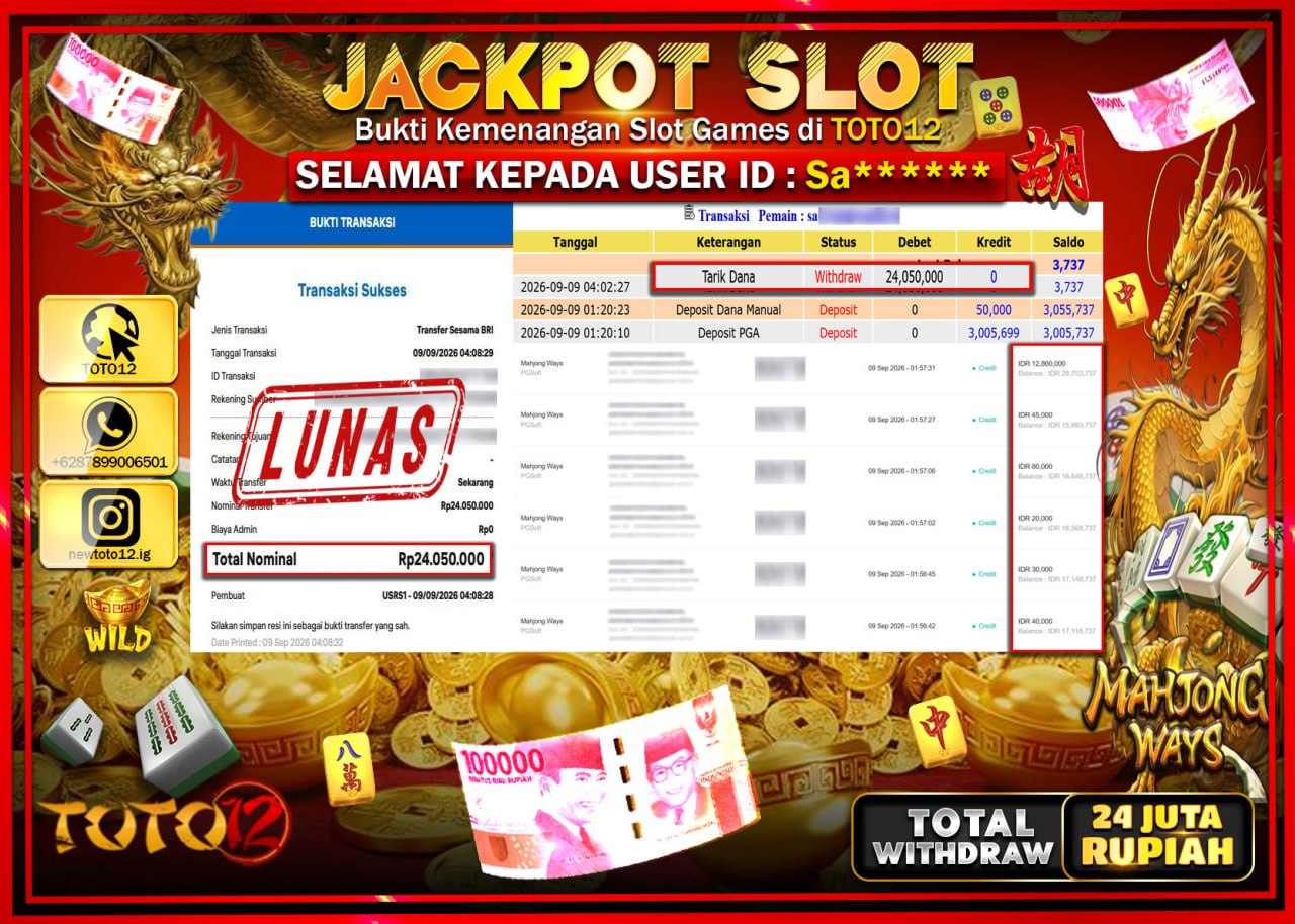 HANYA DI TOTO12 JP PASTI DI BAYAR LUNAS DAN CEPAT!!!!!! JACKPOT SLOT GAME (MAHJONG WAYS) Rp24.000.000!!!!
