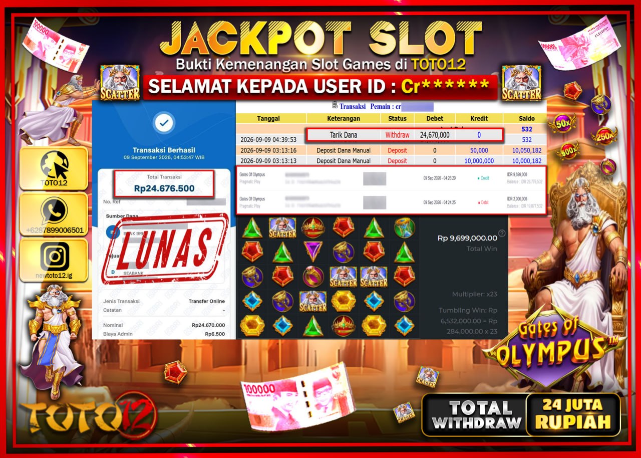 HANYA DI TOTO12 JP PASTI DI BAYAR LUNAS DAN CEPAT!!!!!! JACKPOT SLOT GAME (GATES OF OLYMPUS) Rp26.670.000!!!!