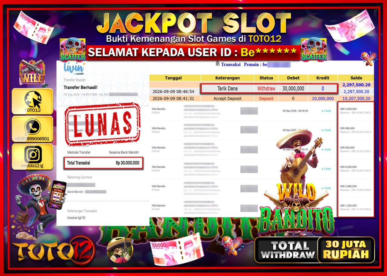 HANYA DI TOTO12 JP PASTI DI BAYAR LUNAS DAN CEPAT!!!!!! JACKPOT SLOT GAME (WILD BANDITO) Rp30.000.000!!!!