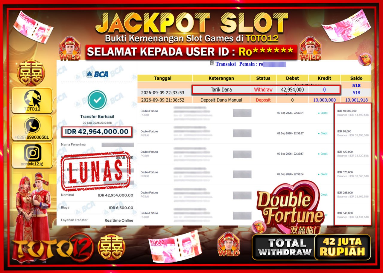 HANYA DI TOTO12 JP PASTI DI BAYAR LUNAS DAN CEPAT!!!!!! JACKPOT SLOT GAME (DOUBLE FORTUNE) Rp42.954.000!!!!