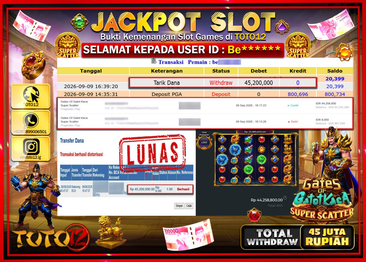 HANYA DI TOTO12 JP PASTI DI BAYAR LUNAS DAN CEPAT!!!!!! JACKPOT SLOT GAME (GATES OF GATOT KACA SUPER SCATTER) Rp45.200.000!!!!