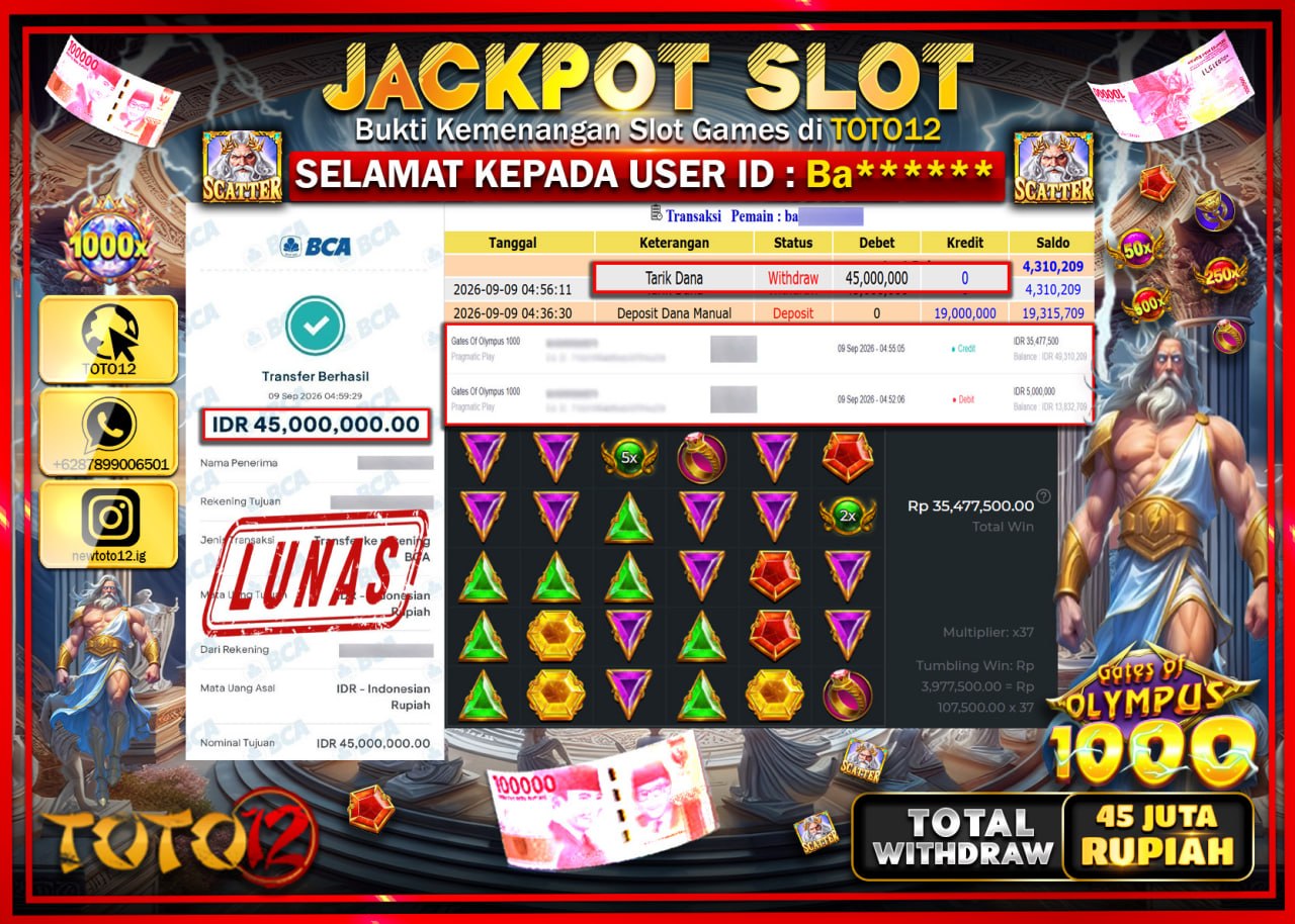 HANYA DI TOTO12 JP PASTI DI BAYAR LUNAS DAN CEPAT!!!!!! JACKPOT SLOT GAME (GATES OF OLYMPUS 1000) Rp45.000.000!!!!