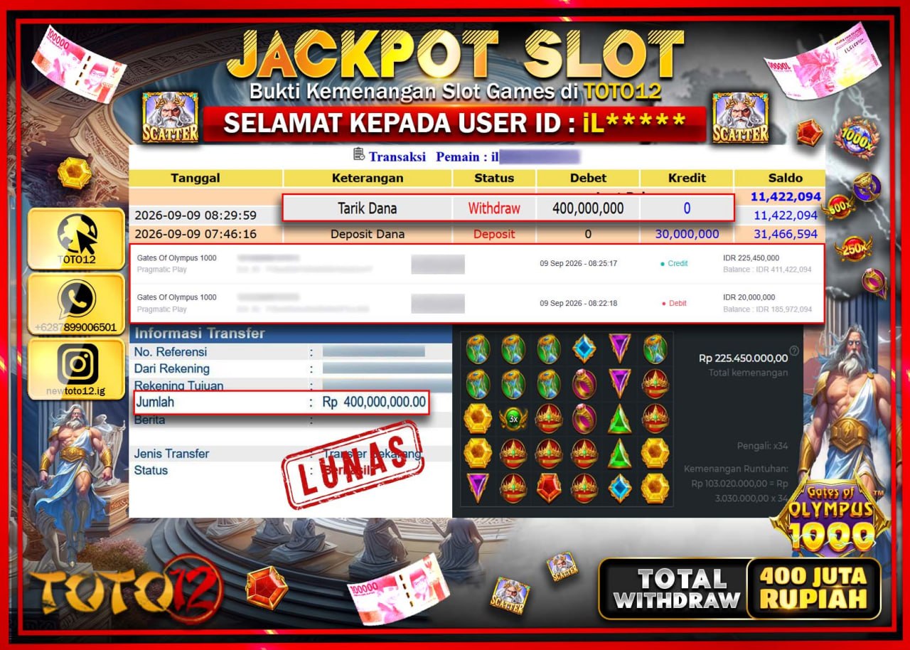 HANYA DI TOTO12 JP PASTI DI BAYAR LUNAS DAN CEPAT!!!!!! JACKPOT SLOT GAME (GATES OF OLYMPUS 1000) Rp400.000.000!!!!