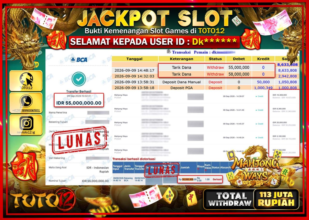 HANYA DI TOTO12 JP PASTI DI BAYAR LUNAS DAN CEPAT!!!!!! JACKPOT SLOT GAME (MAHJONG WAYS) Rp113.000.000!!!!