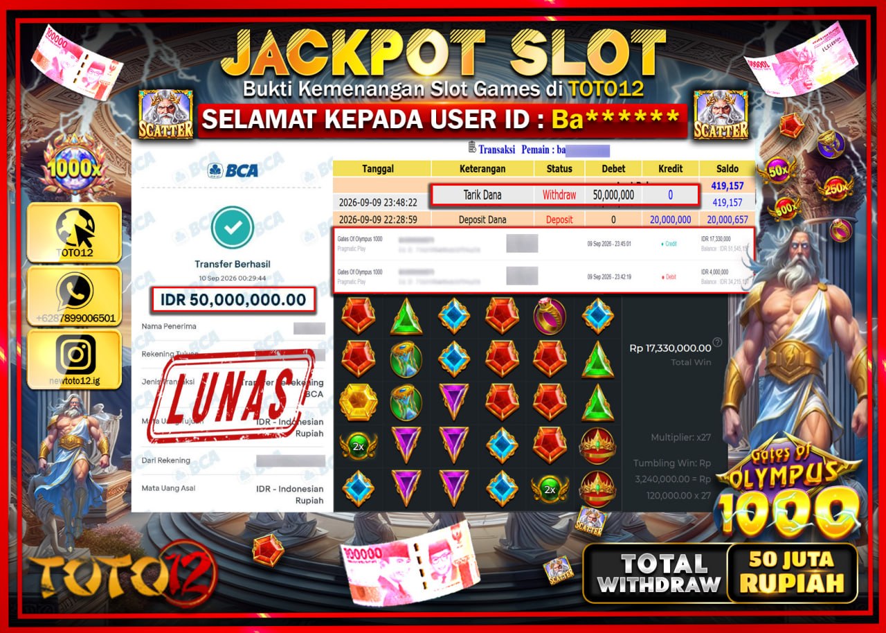 HANYA DI TOTO12 JP PASTI DI BAYAR LUNAS DAN CEPAT!!!!!! JACKPOT SLOT GAME (GATES OF OLYMPUS 1000) Rp50.000.000!!!!