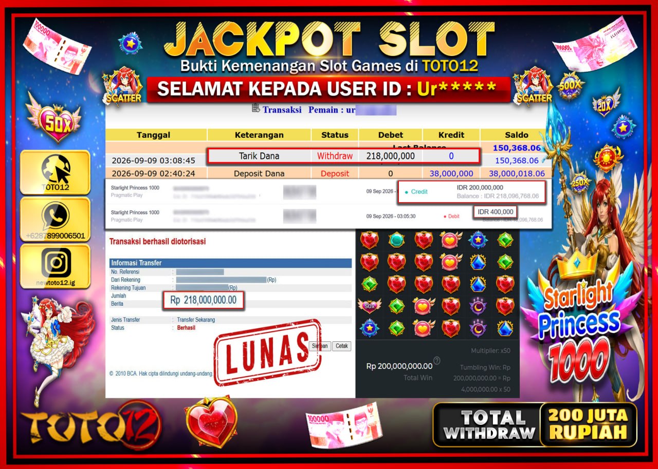 HANYA DI TOTO12 JP PASTI DI BAYAR LUNAS DAN CEPAT!!!!!! JACKPOT SLOT GAME (STARLIGHT PRINCESS 1000) Rp218.000.000!!!!