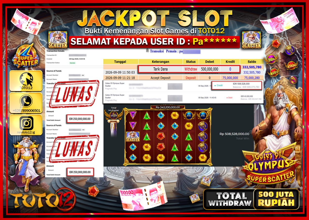HANYA DI TOTO12 JP PASTI DI BAYAR LUNAS DAN CEPAT!!!!!! JACKPOT SLOT GAME (GATES OF OLYMPUS SUPER SCATTER) Rp500.000.000!!!!