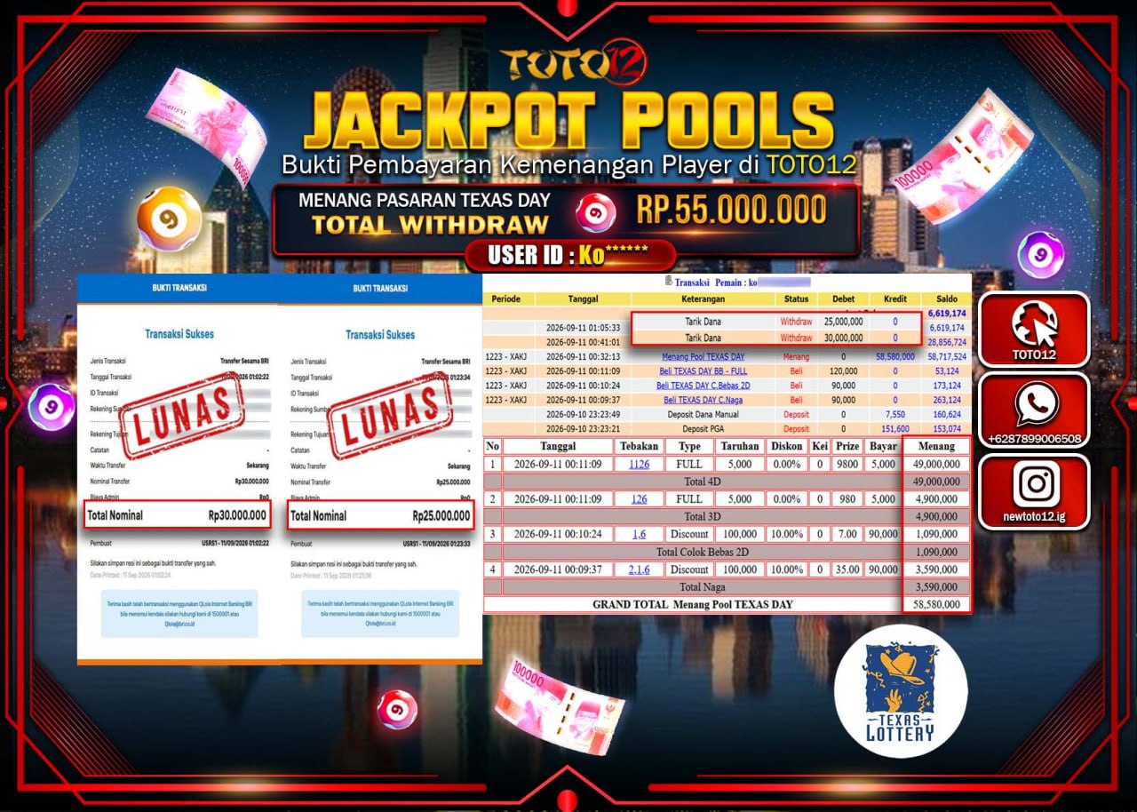 HANYA DI TOTO12 JP PASTI DI BAYAR LUNAS DAN CEPAT!!!!!! JACKPOT POOLS PASARAN (TEXAS DAY) Rp55.000.000!!!!