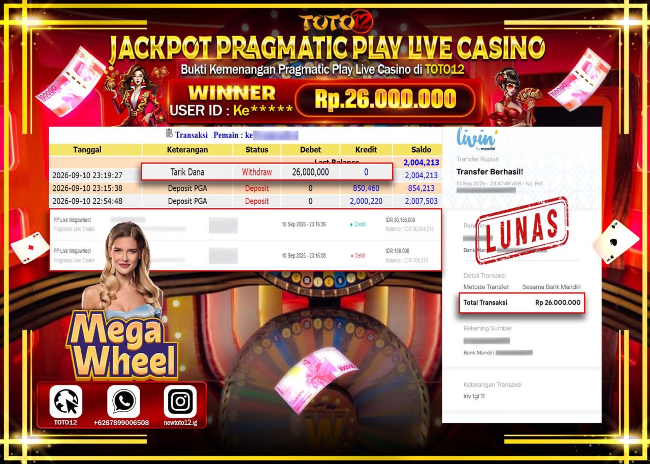 HANYA DI TOTO12 JP PASTI DI BAYAR LUNAS DAN CEPAT!!!!!! JACKPOT PRAGMATIC PLAY LIVE GAME CASINO (PP LIVE MEGAWHEEL) Rp26.000.000!!!!