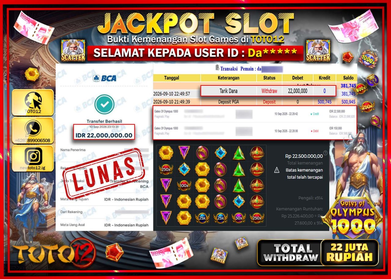 HANYA DI TOTO12 JP PASTI DI BAYAR LUNAS DAN CEPAT!!!!!! JACKPOT SLOT GAME (GATES OF OLYMPUS 1000) Rp22.000.000!!!!