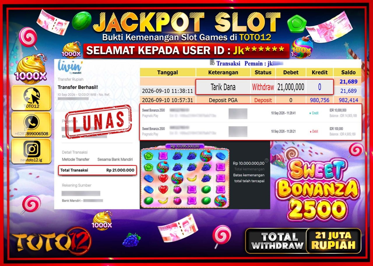 HANYA DI TOTO12 JP PASTI DI BAYAR LUNAS DAN CEPAT!!!!!! JACKPOT SLOT GAME (SWEET BONANZA 2500) Rp20.000.000!!!!