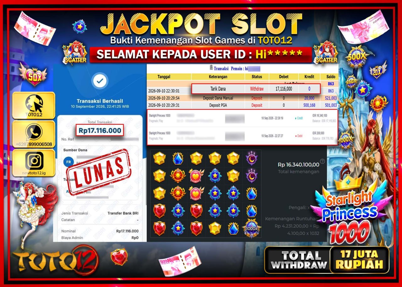 HANYA DI TOTO12 JP PASTI DI BAYAR LUNAS DAN CEPAT!!!!!! JACKPOT SLOT GAME (STARLIGHT PRINCESS 1000) Rp17.116.000!!!!