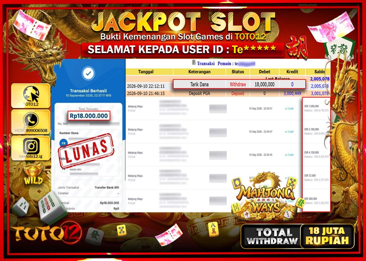 HANYA DI TOTO12 JP PASTI DI BAYAR LUNAS DAN CEPAT!!!!!! JACKPOT SLOT GAME (MAHJONG WAYS) Rp18.000.000!!!!