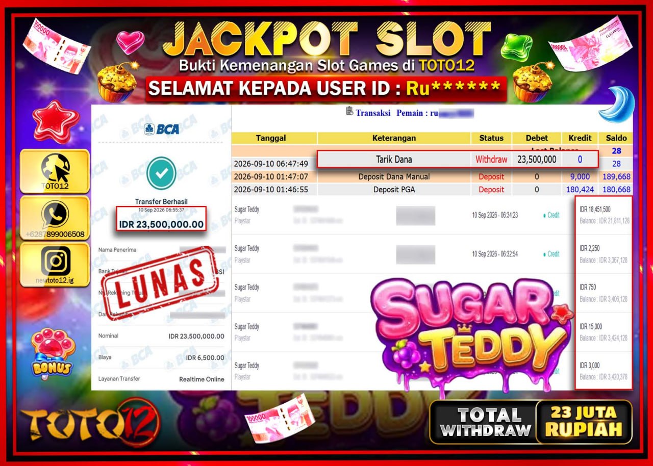 HANYA DI TOTO12 JP PASTI DI BAYAR LUNAS DAN CEPAT!!!!!! JACKPOT SLOT GAME (SUGAR TEDDY) Rp23.500.000!!!!