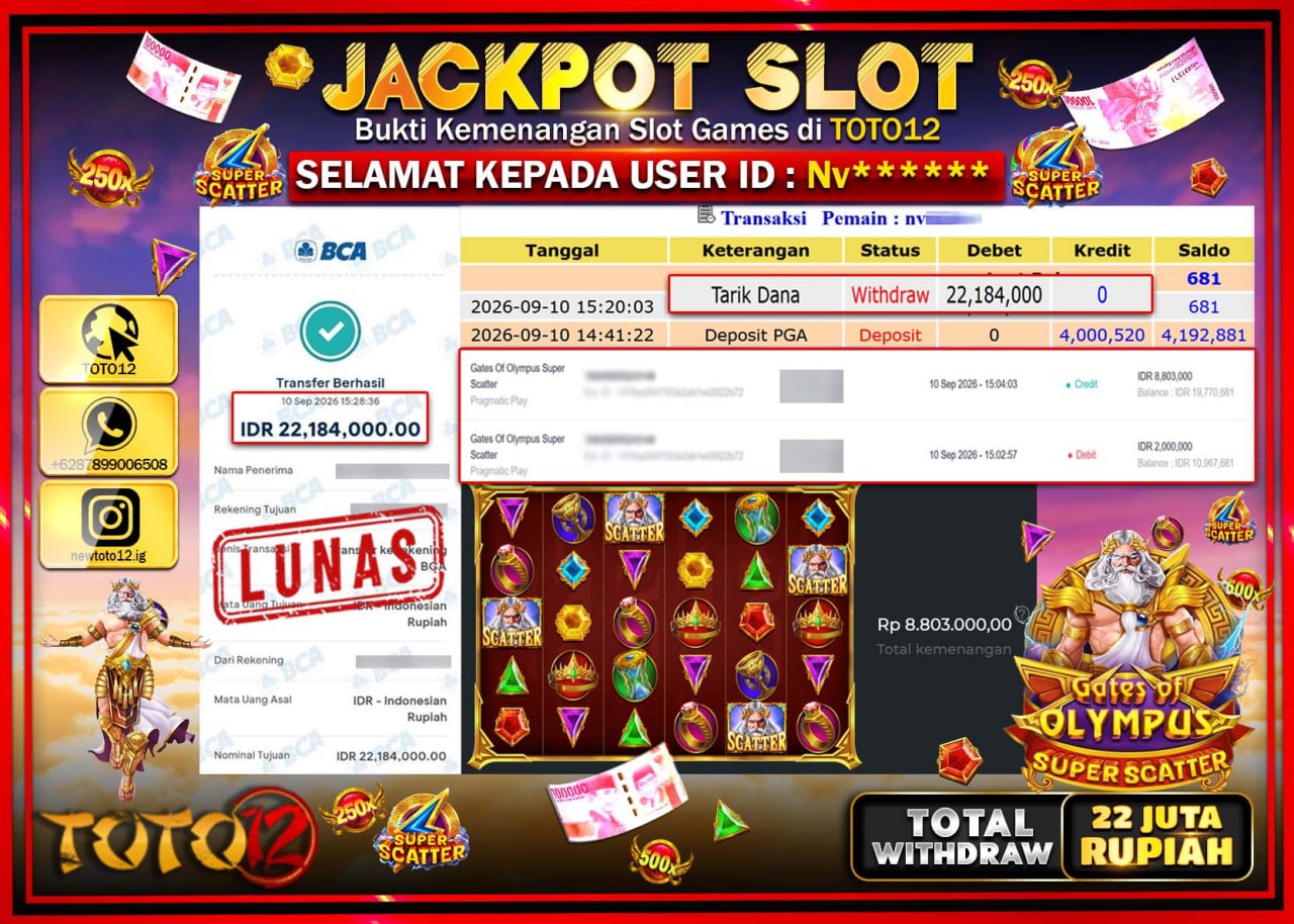 HANYA DI TOTO12 JP PASTI DI BAYAR LUNAS DAN CEPAT!!!!!! JACKPOT SLOT GAME (GATES OF OLYMPUS SUPER SCATTER) Rp22.184.000!!!!