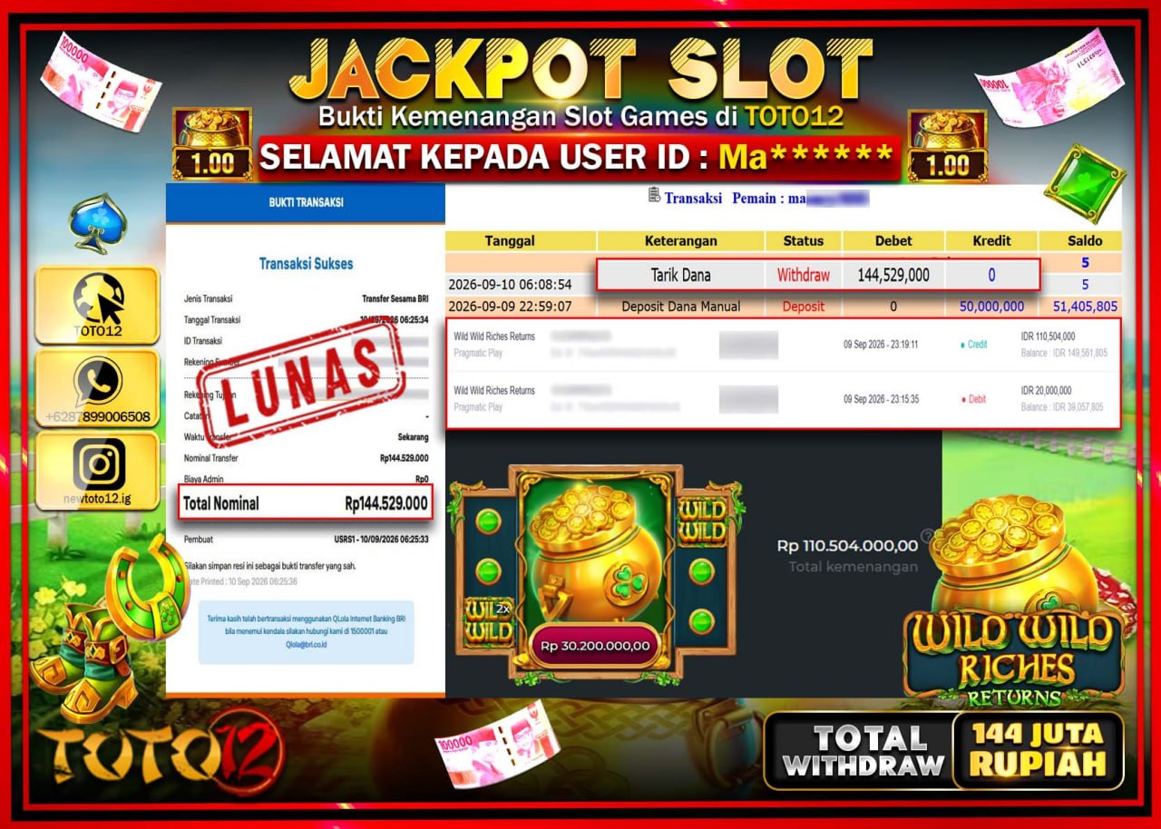 HANYA DI TOTO12 JP PASTI DI BAYAR LUNAS DAN CEPAT!!!!!! JACKPOT SLOT GAME (WILD WIL RICHES RETURNS) Rp144.529.000!!!!