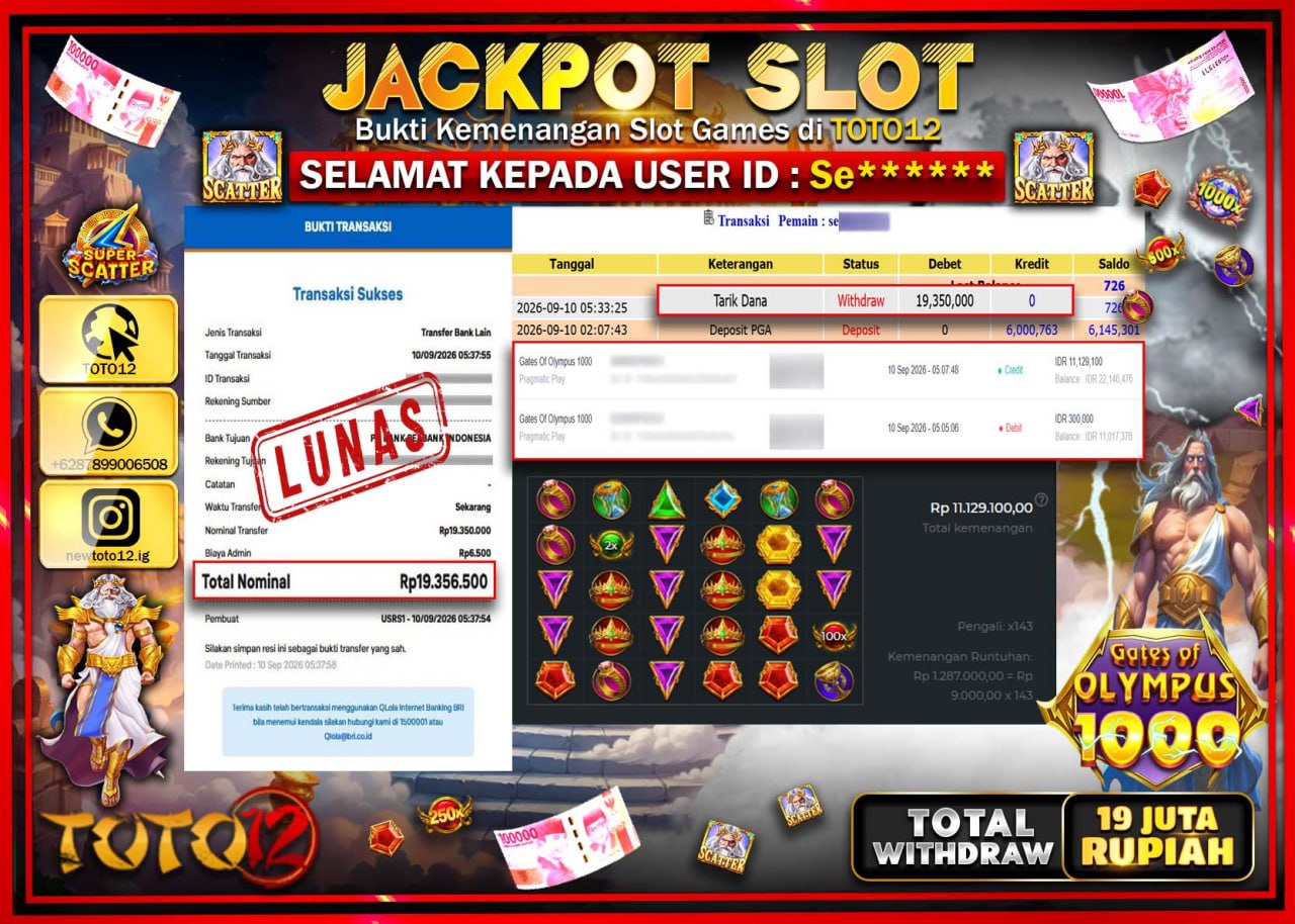 HANYA DI TOTO12 JP PASTI DI BAYAR LUNAS DAN CEPAT!!!!!! JACKPOT SLOT GAME (GATES OF OLYMPUS 1000) Rp19.350.000!!!!