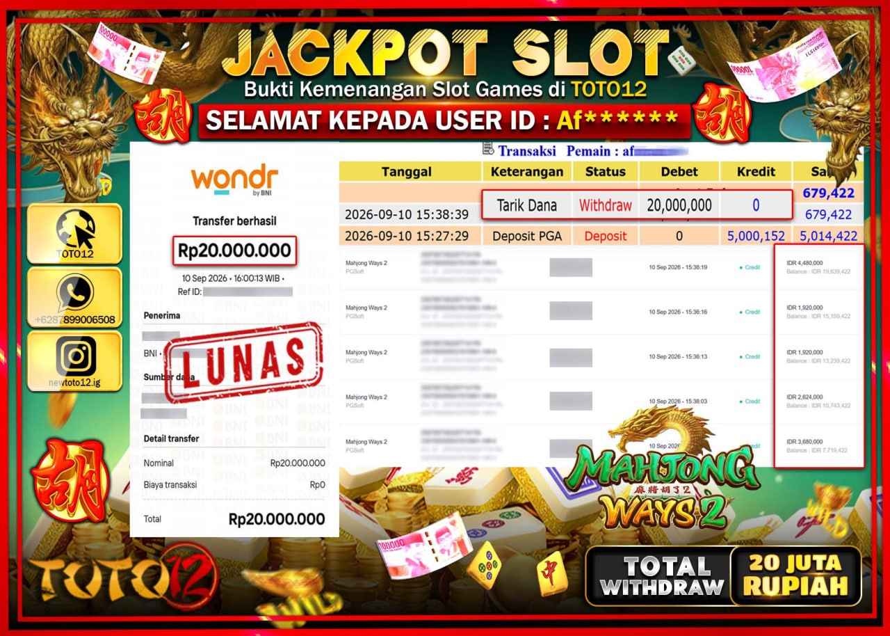 HANYA DI TOTO12 JP PASTI DI BAYAR LUNAS DAN CEPAT!!!!!! JACKPOT SLOT GAME (MAHJONG WAYS 2) Rp20.000.000!!!!