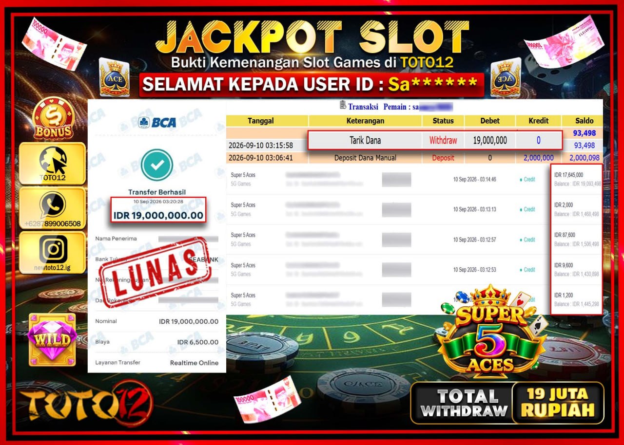 HANYA DI TOTO12 JP PASTI DI BAYAR LUNAS DAN CEPAT!!!!!! JACKPOT SLOT GAME (SUPER 5 ACES) Rp19.000.000!!!!