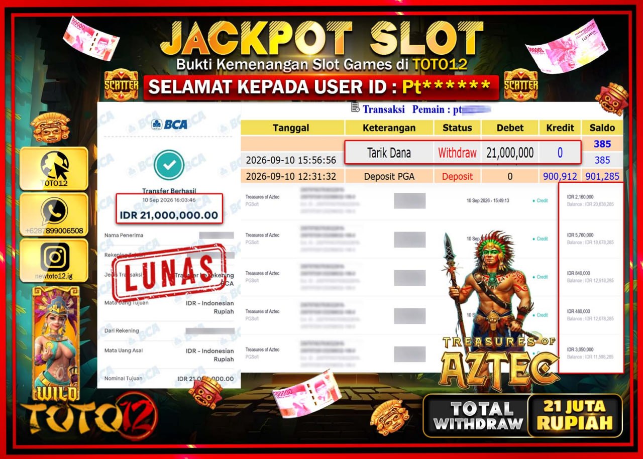 HANYA DI TOTO12 JP PASTI DI BAYAR LUNAS DAN CEPAT!!!!!! JACKPOT SLOT GAME (TREASURES OF AZTEC) Rp21.000.000!!!!