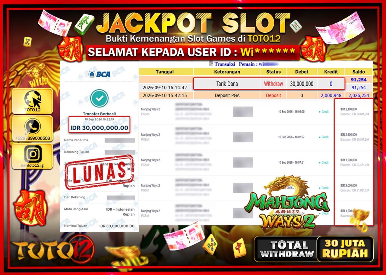 HANYA DI TOTO12 JP PASTI DI BAYAR LUNAS DAN CEPAT!!!!!! JACKPOT SLOT GAME (MAHJONG WAYS 2) Rp30.000.000!!!!
