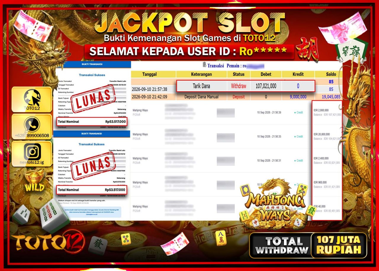 HANYA DI TOTO12 JP PASTI DI BAYAR LUNAS DAN CEPAT!!!!!! JACKPOT SLOT GAME (MAHJONG WAYS) Rp107.021.000!!!!