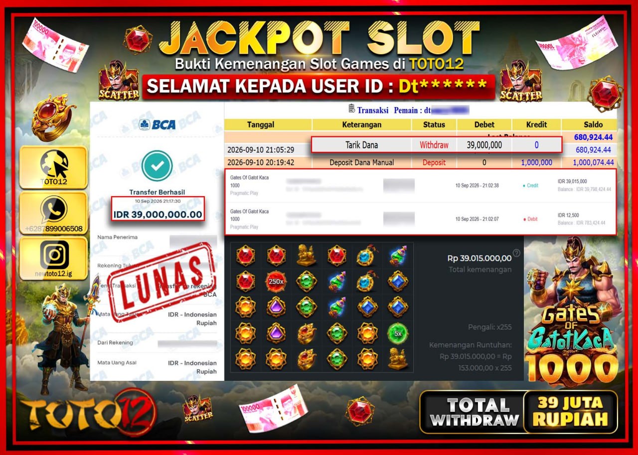 HANYA DI TOTO12 JP PASTI DI BAYAR LUNAS DAN CEPAT!!!!!! JACKPOT SLOT GAME (GATES OF GATOT KACA 1000) Rp39.000.000!!!!