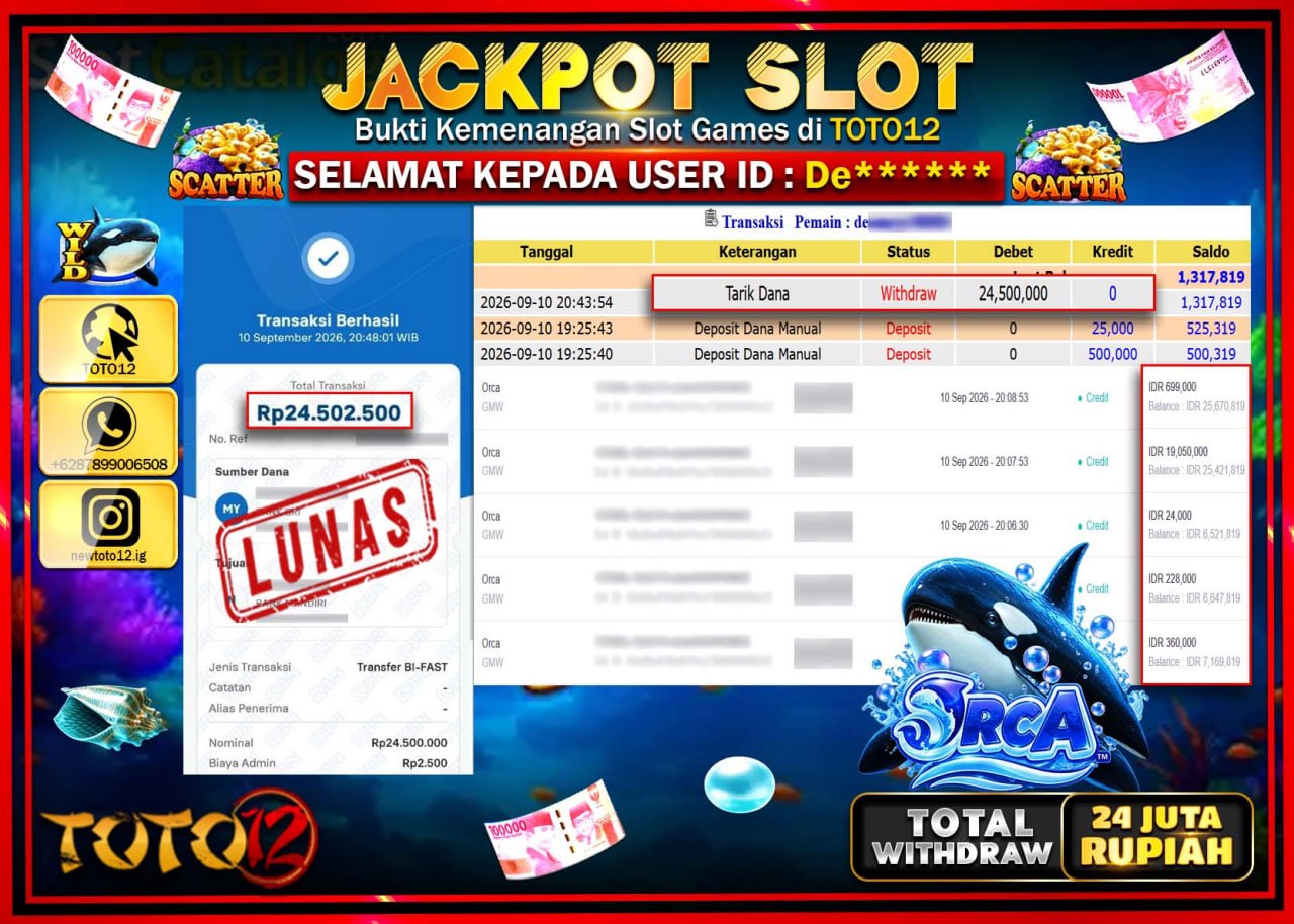 HANYA DI TOTO12 JP PASTI DI BAYAR LUNAS DAN CEPAT!!!!!! JACKPOT SLOT GAME (ORCA) Rp24.500.000!!!!