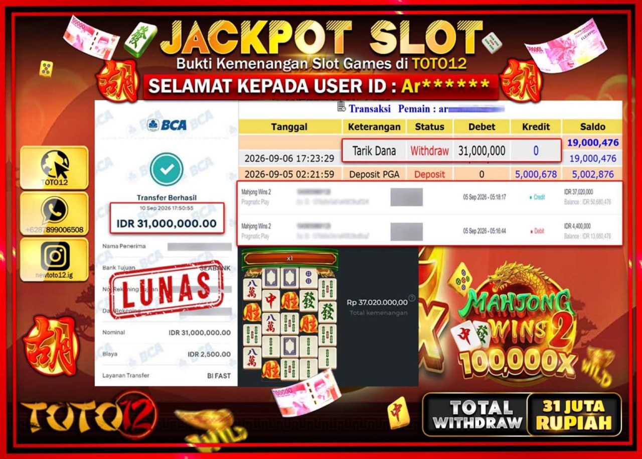 HANYA DI TOTO12 JP PASTI DI BAYAR LUNAS DAN CEPAT!!!!!! JACKPOT SLOT GAME (MAHJONG WINS 2) Rp31.000.000!!!!