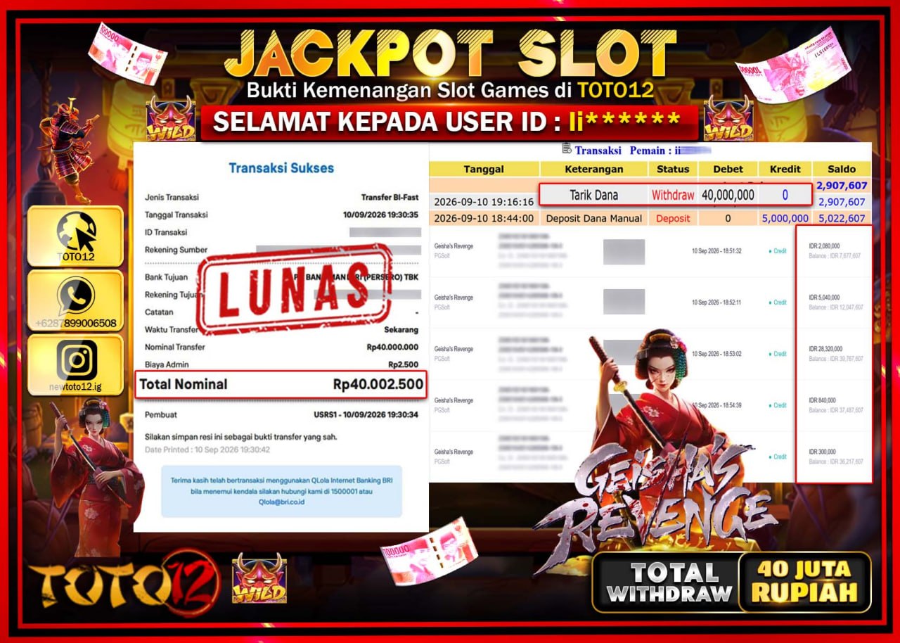 HANYA DI TOTO12 JP PASTI DI BAYAR LUNAS DAN CEPAT!!!!!! JACKPOT SLOT GAME (GEISHAS REVENGE) Rp40.000.000!!!!