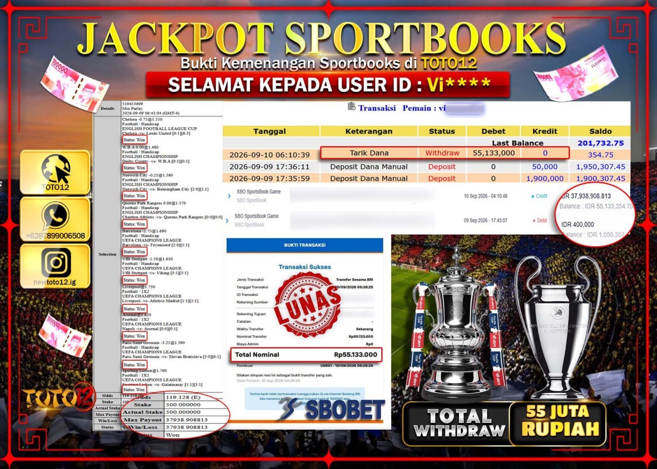 HANYA DI TOTO12 JP PASTI DI BAYAR LUNAS DAN CEPAT!!!!!! JACKPOT  GAME SPORT (SBO SPORTBOOKS) Rp55.133.000!!!!