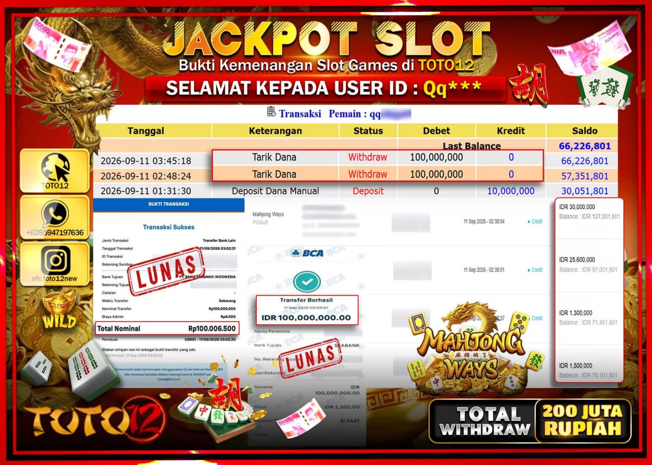 HANYA DI TOTO12 JP PASTI DI BAYAR LUNAS DAN CEPAT!!!!!! JACKPOT SLOT GAME (MAHJONG WAYS) Rp200.000.000!!!!