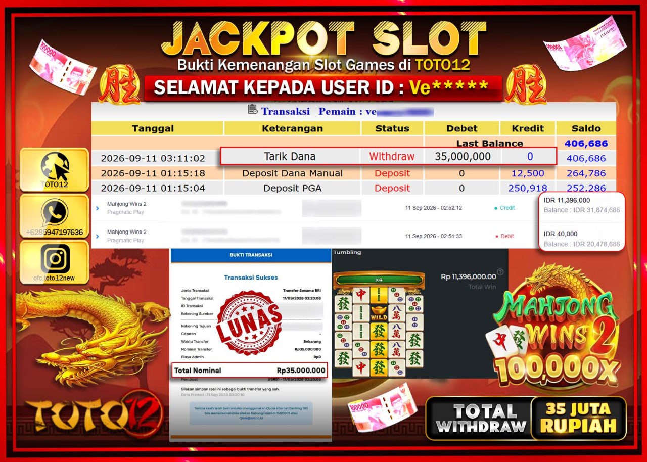 HANYA DI TOTO12 JP PASTI DI BAYAR LUNAS DAN CEPAT!!!!!! JACKPOT SLOT GAME (MAHJONG WINS 2) Rp35.000.000!!!!