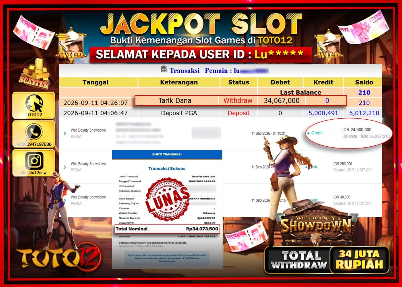 HANYA DI TOTO12 JP PASTI DI BAYAR LUNAS DAN CEPAT!!!!!! JACKPOT SLOT GAME (WILD BOUNTY SHOWDOWN) Rp34.067.000!!!!