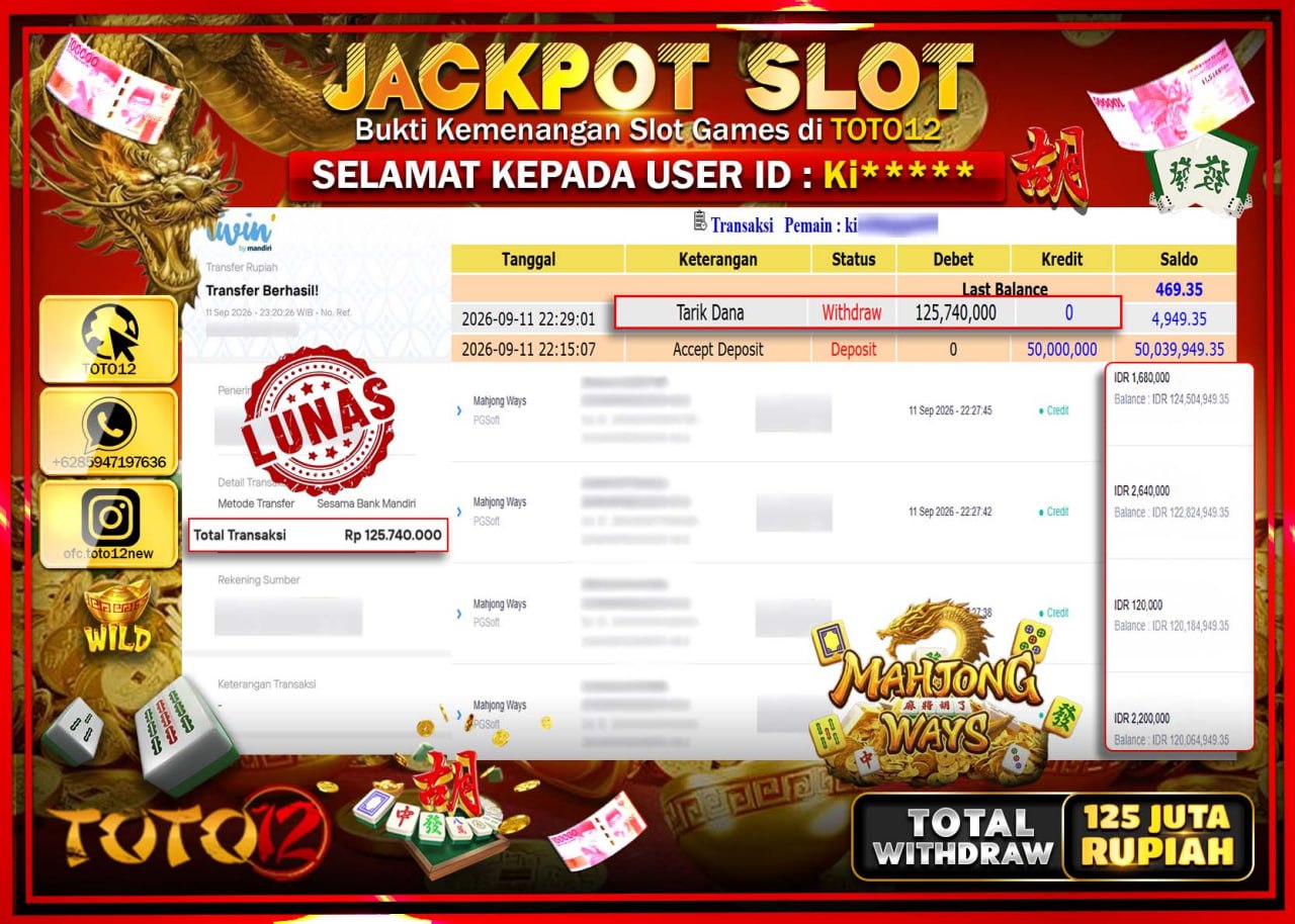 HANYA DI TOTO12 JP PASTI DI BAYAR LUNAS DAN CEPAT!!!!!! JACKPOT SLOT GAME (MAHJONG WAYS) Rp125.740.000!!!!