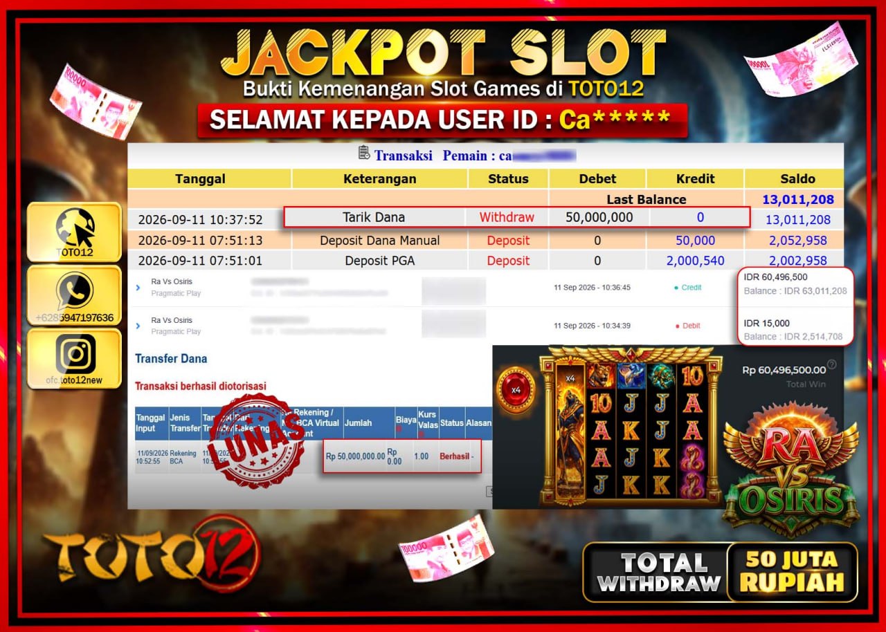 HANYA DI TOTO12 JP PASTI DI BAYAR LUNAS DAN CEPAT!!!!!! JACKPOT SLOT GAME (RA VS OSIRIS) Rp50.000.000!!!!