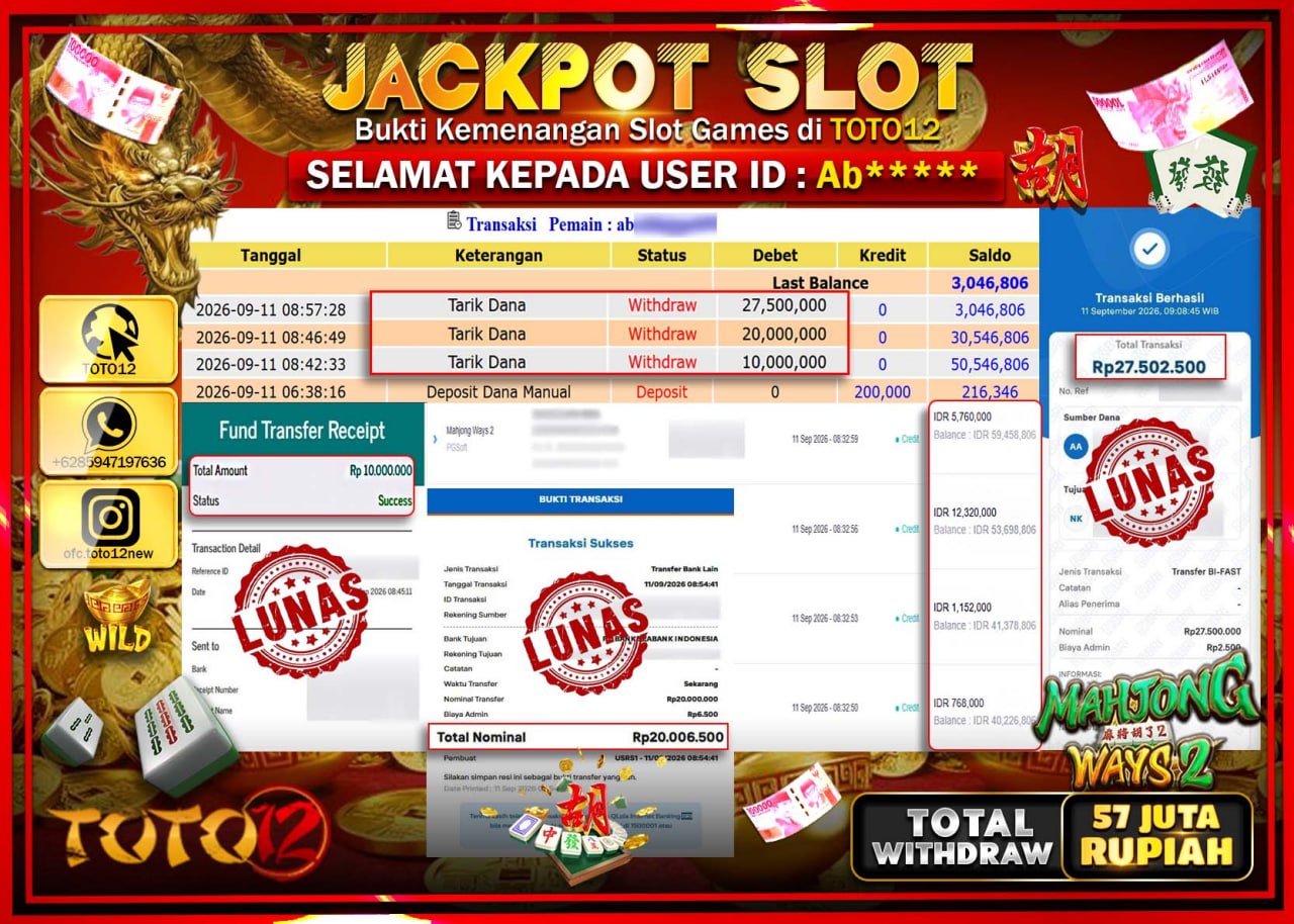 HANYA DI TOTO12 JP PASTI DI BAYAR LUNAS DAN CEPAT!!!!!! JACKPOT SLOT GAME (MAHJONG WAYS 2) Rp57.500.000!!!!