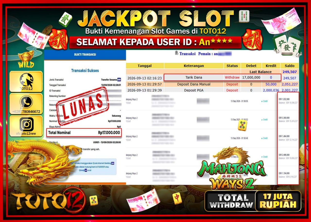 HANYA DI TOTO12 JP PASTI DI BAYAR LUNAS DAN CEPAT!!!!!! JACKPOT SLOT GAME (MAHJONG WAYS 2) Rp17.000.000!!!!