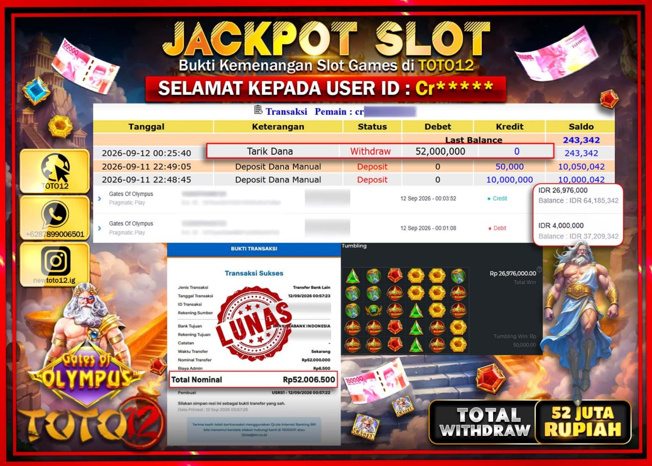 HANYA DI TOTO12 JP PASTI DI BAYAR LUNAS DAN CEPAT!!!!!! JACKPOT SLOT GAME (GATES OF OLYMPUS) Rp52.000.000!!!!