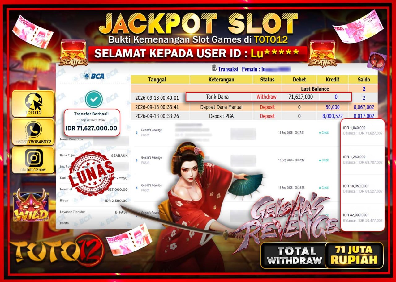 HANYA DI TOTO12 JP PASTI DI BAYAR LUNAS DAN CEPAT!!!!!! JACKPOT SLOT GAME (GEISHAS REVENGE) Rp71.627.000!!!!