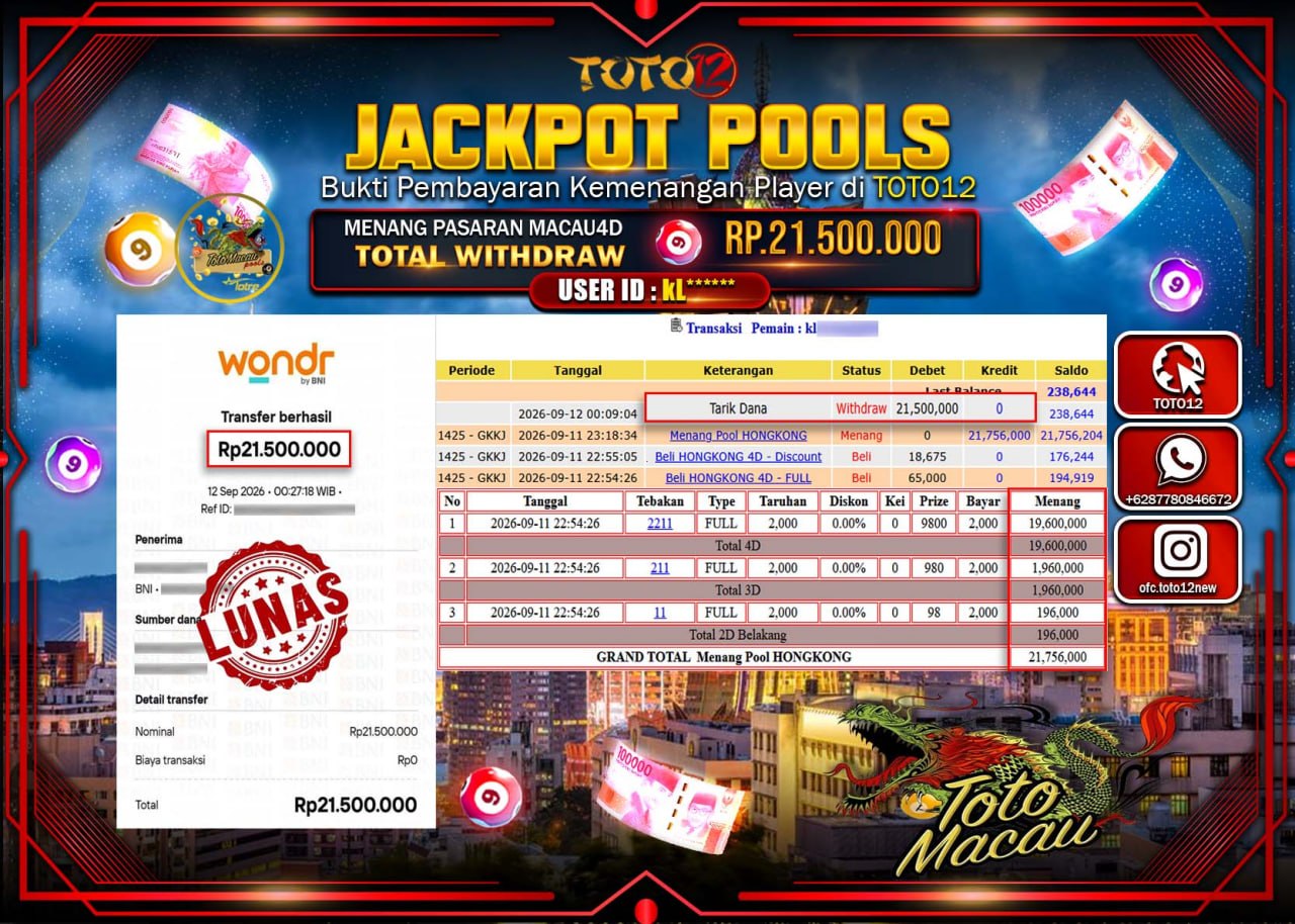 HANYA DI TOTO12 JP PASTI DI BAYAR LUNAS DAN CEPAT!!!!!! JACKPOT POOLS PASARAN (MACAU 4D) Rp21.500.000!!!!