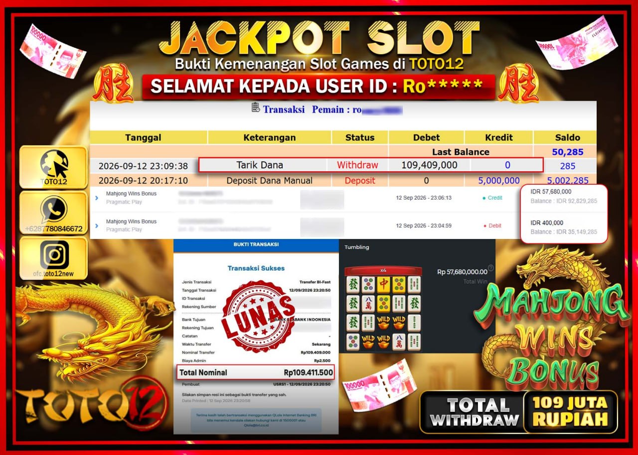 HANYA DI TOTO12 JP PASTI DI BAYAR LUNAS DAN CEPAT!!!!!! JACKPOT SLOT GAME (MAHJONG WINS BONUS) Rp109.409.000!!!!