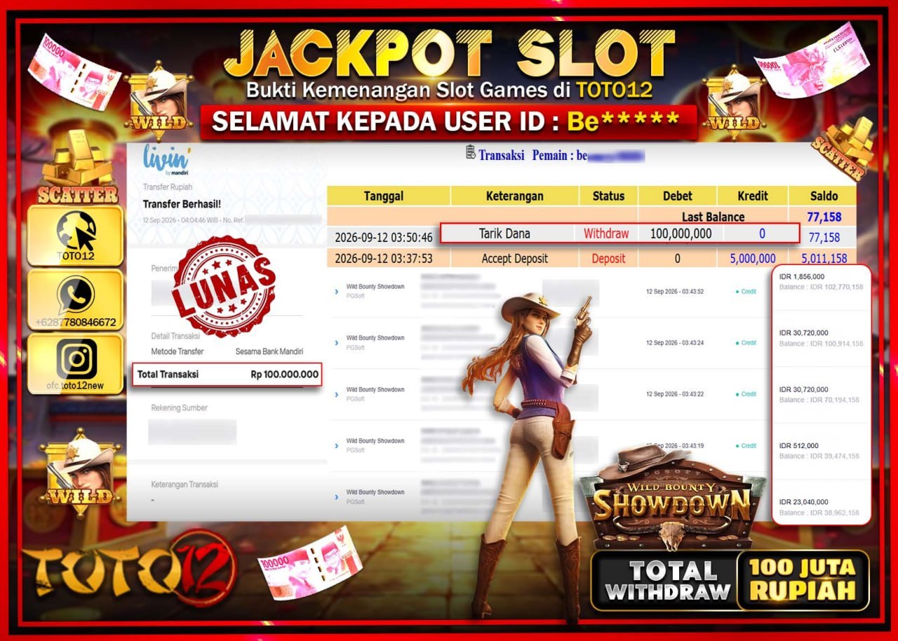 HANYA DI TOTO12 JP PASTI DI BAYAR LUNAS DAN CEPAT!!!!!! JACKPOT SLOT GAME (WILD BOUNTY SHOWDOWN) Rp100.000.000!!!!