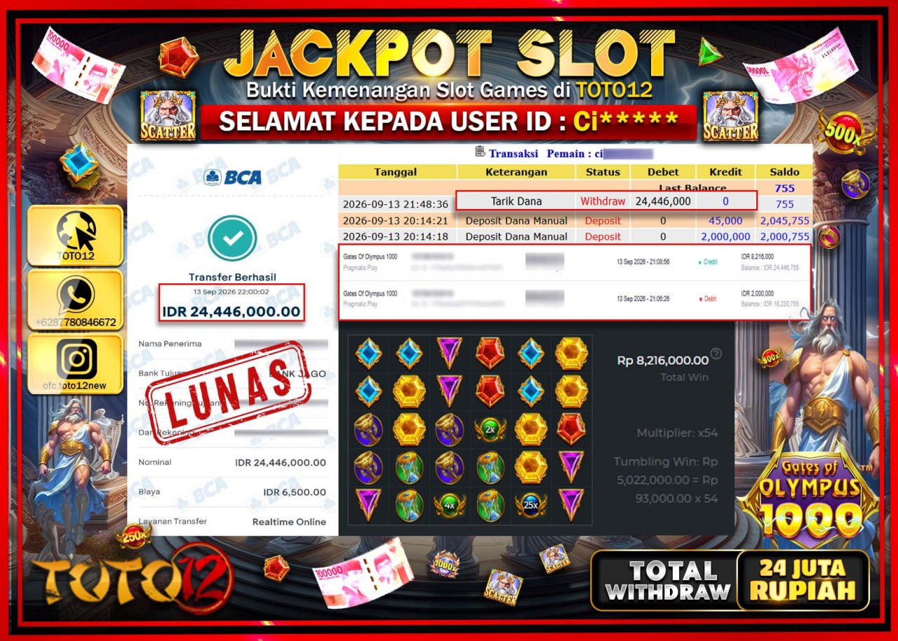 HANYA DI TOTO12 JP PASTI DI BAYAR LUNAS DAN CEPAT!!!!!! JACKPOT SLOT GAME (GATES OF OLYMPUS 1000) Rp24.446.000!!!!