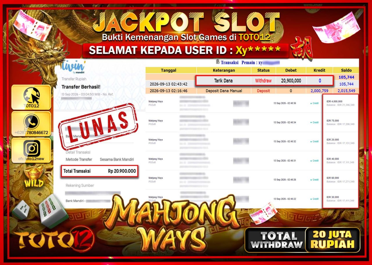 HANYA DI TOTO12 JP PASTI DI BAYAR LUNAS DAN CEPAT!!!!!! JACKPOT SLOT GAME (MAHJONG WAYS) Rp20.900.000!!!!