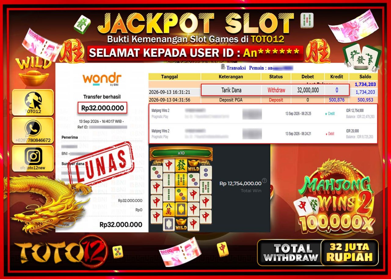 HANYA DI TOTO12 JP PASTI DI BAYAR LUNAS DAN CEPAT!!!!!! JACKPOT SLOT GAME (MAHJONG WINS 2) Rp32.000.000!!!!